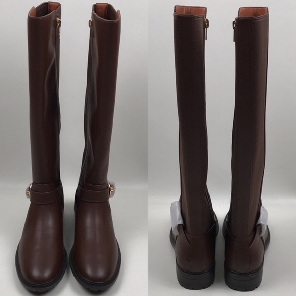 COACH Farrah Brown Leather Tall Riding Boots Logo Buckle NEW NWOB - Picture 6 of 16